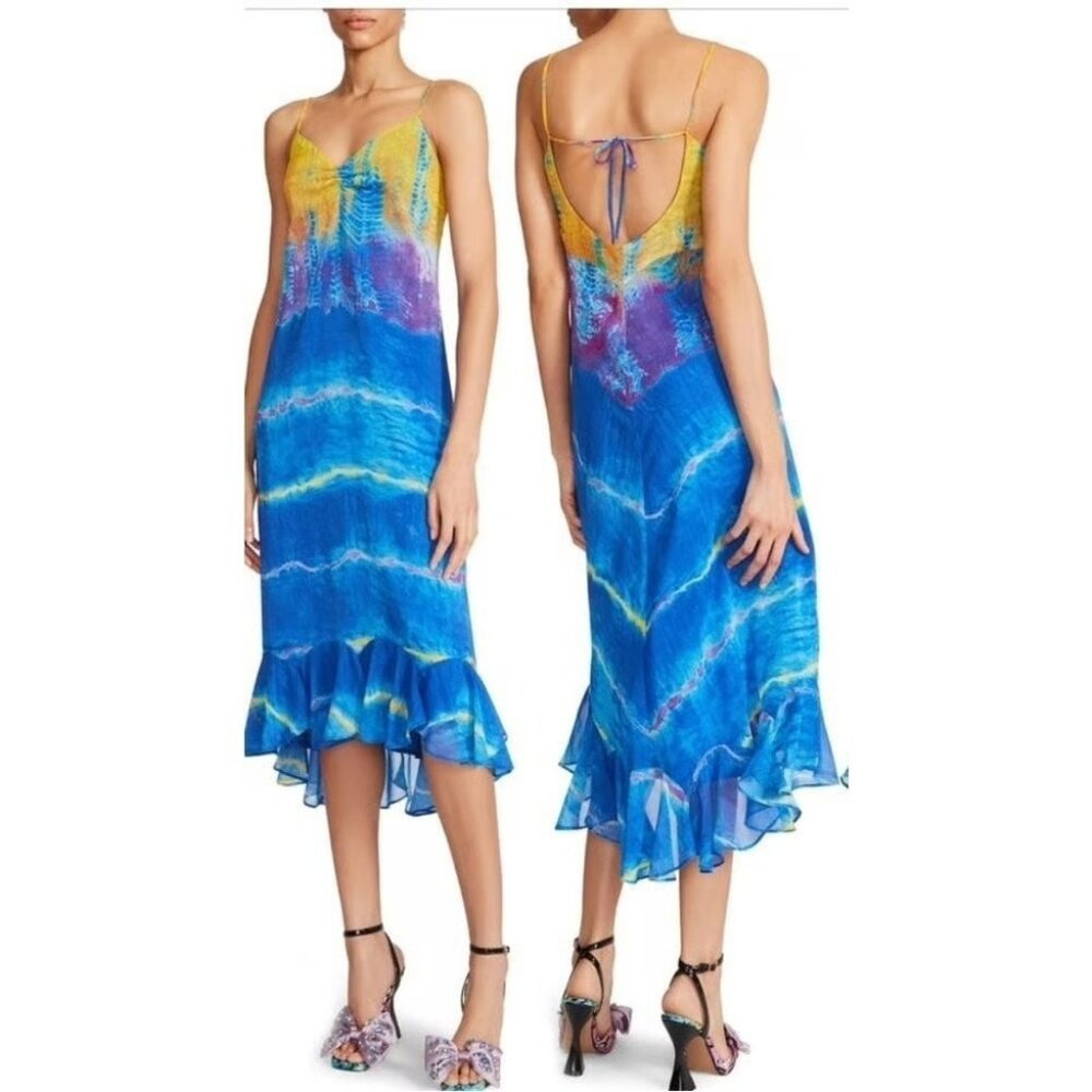 Betsey Johnson Multicolor Blue Yellow Tie-Dye Midi Dress 8 Polyester Womens Back